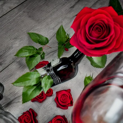 Prompt: the red roses in the bottle on the table
