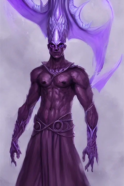 Prompt: djinn man male demon, full body purple cloak, character concept art, costume design, illustration, white horns, warlock, trending on artstation, Artgerm , WLOP