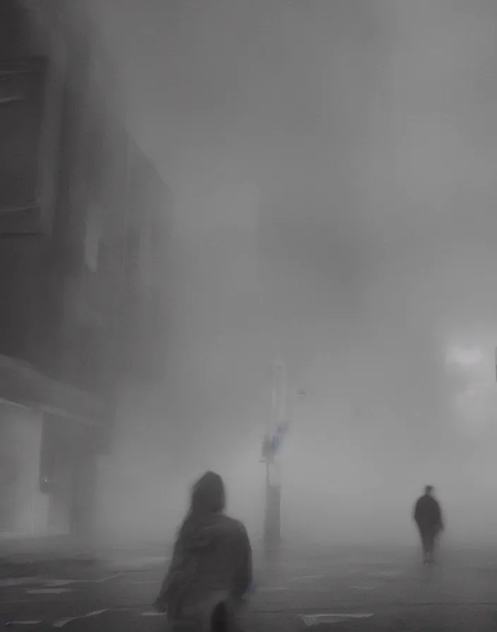 Image similar to very low - resolution found footage of a couple escaping in the city from a starfish kaiju monster, fog, foggy, korean film noir, monochrome, red hue, thriller, underdeveloped, epic, dramatic