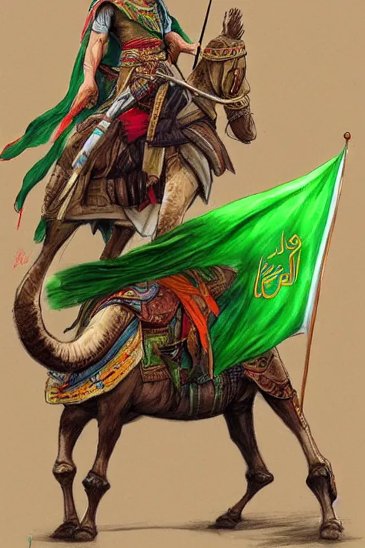 Image similar to a arabian warrior, ride camel he use green turf and flag, realistic, sketch and art by jacqueline e, colored by bo feng lin