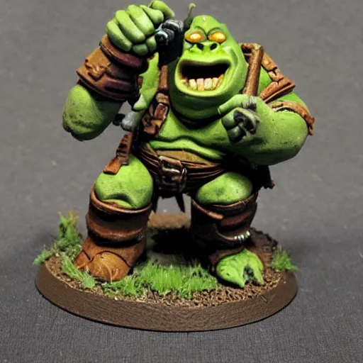 Prompt: Ork Shrek, painted warhammer 40k miniature