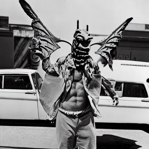 Prompt: ripped physique winged man Norm MacDonald disguised as a mothra whilst wearing a traffic cone hat jack kirby