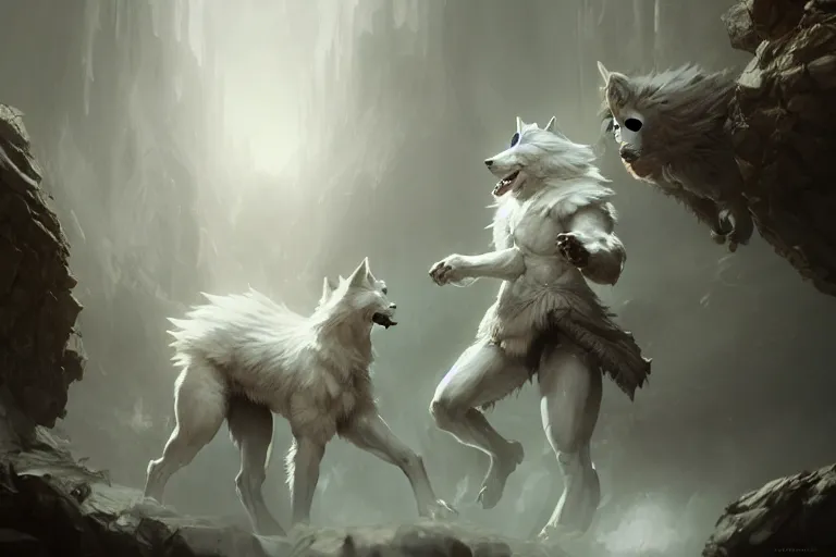 Image similar to white magical wolves made of magical electrical energy, painted by Bastien Lecouffe-Deharme and Cedric Peyravernay and Ken Barthelmey octane render, trending on artstation d&d characters, Frank Frazetta, 4k, 8k, HD