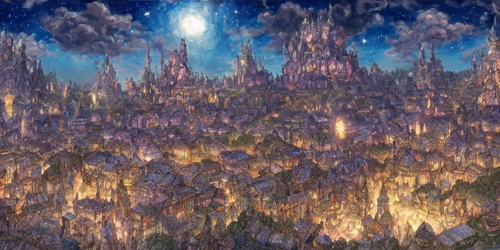 Image similar to an concept art of the ancient town surrounded by magic guardians, lovercraft city, intricate details, detailed sky, detailed structures, starry night, artstation, epic scenery, colourful light, by kentaro miura and vasnetsov