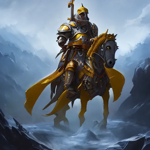 Prompt: a knight riding a horse, sword and shield, yellow theme, bright art masterpiece artstation. 8 k, sharp high quality artwork in style of jose daniel cabrera pena and greg rutkowski, concept art by tooth wu, blizzard warcraft artwork, hearthstone card game artwork, horse rider
