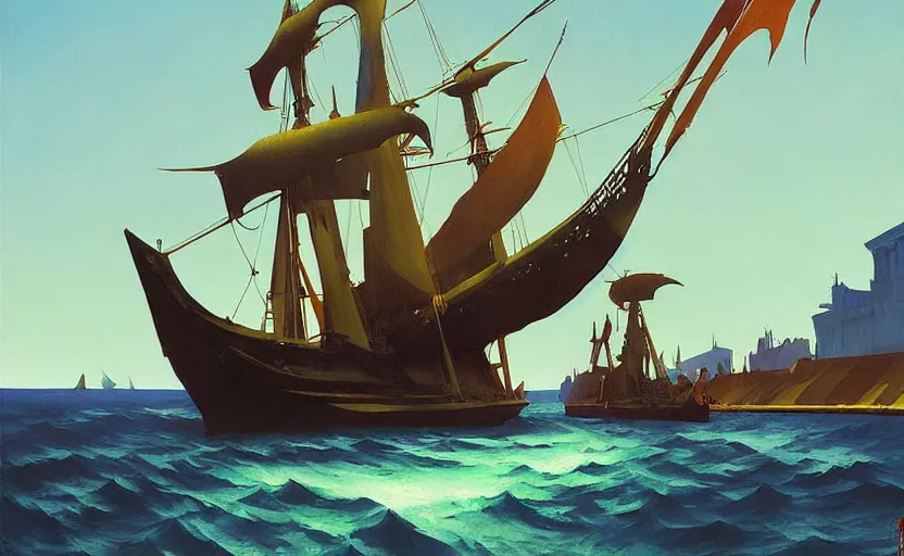 Image similar to Old Pirate ship fighting on ocaen, very coherent, painted by Edward Hopper, Wayne Barlowe, painted by James Gilleard, airbrush, art by JamesJean