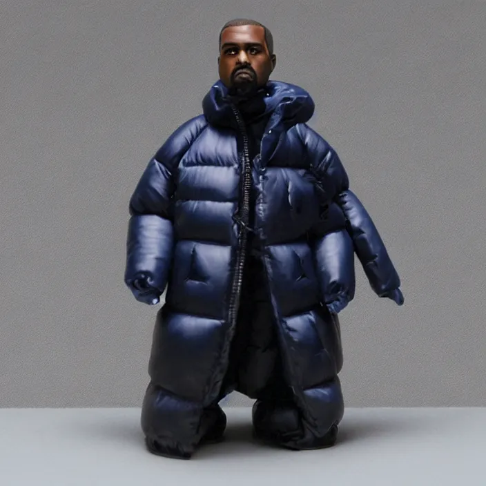 Image similar to kanye west, a goodsmile figure of kanye west using a full face covering black mask, a small, tight, child size reflective bright blue round puffer jacket made of nylon and big black balenciaga rubber boots, figurine, detailed product photo