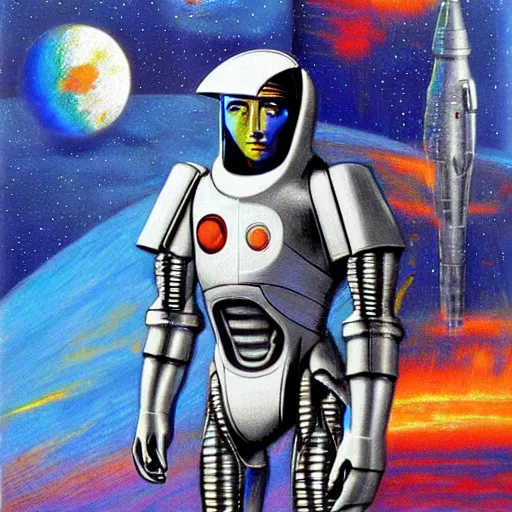 Image similar to futurist cyborg knight, perfect future, award winning art by alan bean, sharp color palette