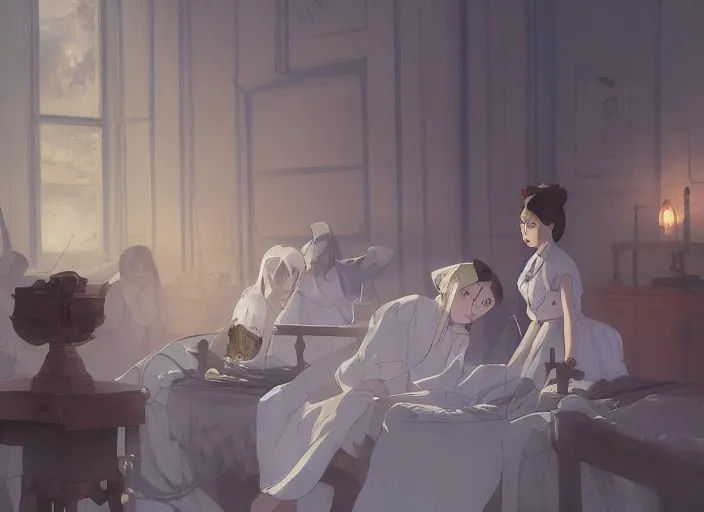 Image similar to 1 8 5 4 crimea, florence nightingale holding lamp, army hospital in scutari at night, wounded patients in beds on both sides of hospital ward, finely detailed perfect art, painted by greg rutkowski makoto shinkai takashi takeuchi studio ghibli