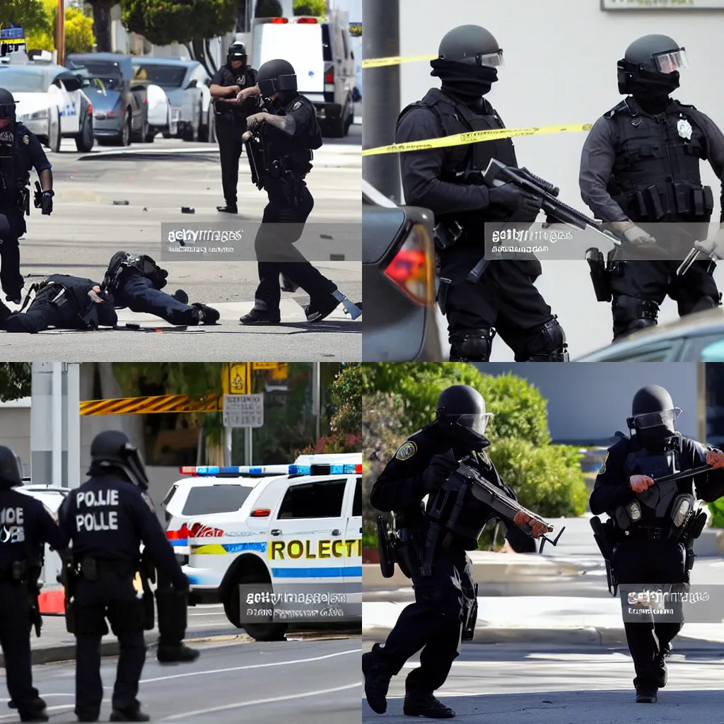 Prompt: A bank robbery in los angeles, the robbers in full body armor in the middle of a shootout with police. News Photography