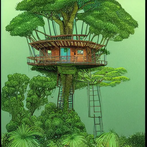 Image similar to a treehouse in a lush jungle during a thunderstorm in the night, drawing by moebius