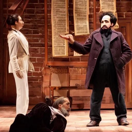 Prompt: a still from a broadway musical about karl marx produced by lin manuel miranda, journalistic photography