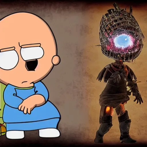 Prompt: Stewie Griffin as a character in Dark Souls 3