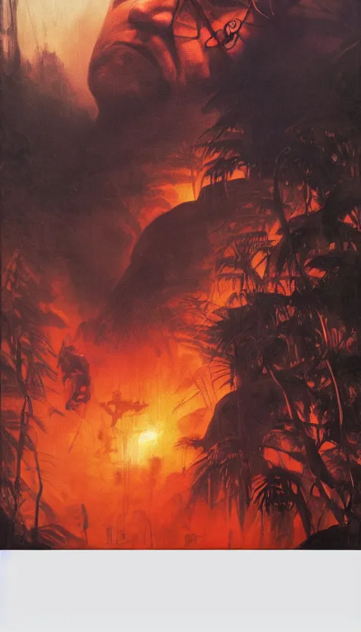 Prompt: rudy giuliani's face close up on the apocalypse now poster, red sunset, snake river in the jungle, black helicopters, air brush, oil paint, radiant light, caustics, heroic, bright iridescent light, by gaston bussiere, bayard wu, greg rutkowski, maxim verehin