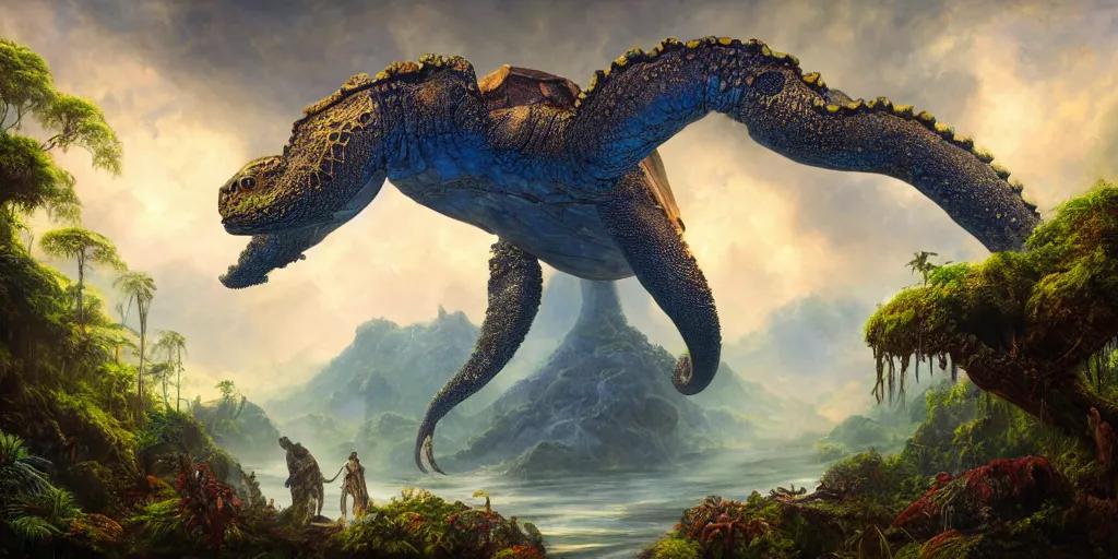 Image similar to fantasy oil painting, great leviathan, turtle cephalopod terrapin reptilian pachyderm amphibian hybrid, epic natural light, lush plants flowers, rainforest mountains, bright clouds, luminous sky, outer worlds, cinematic lighting, michael whelan, michael cheval, vray, 8 k hd