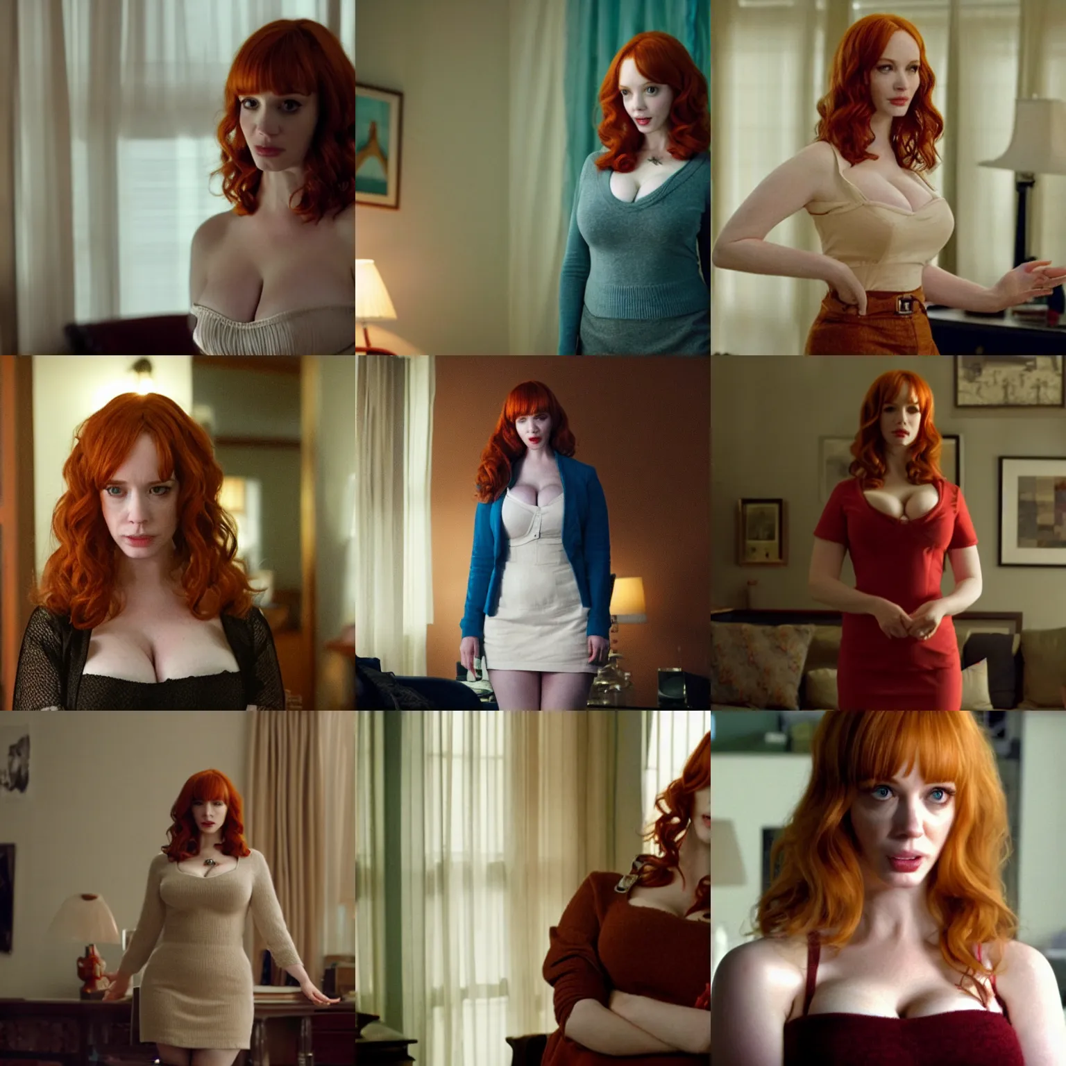 Prompt: a very surprised looking beautiful christina hendricks in a miniskirt in the living room, film still from the movie directed by denis villeneuve, wide lens