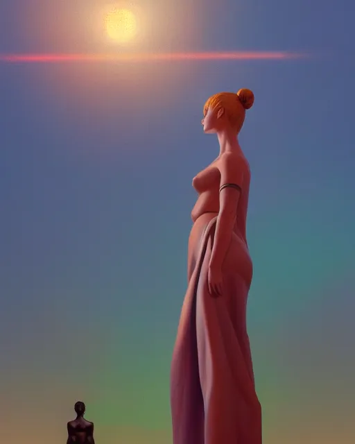 Image similar to a painting of a woman standing in front of a statue, a screenshot by stanley twardowicz, cgsociety, aestheticism, aesthetic, vaporwave, anime aesthetic