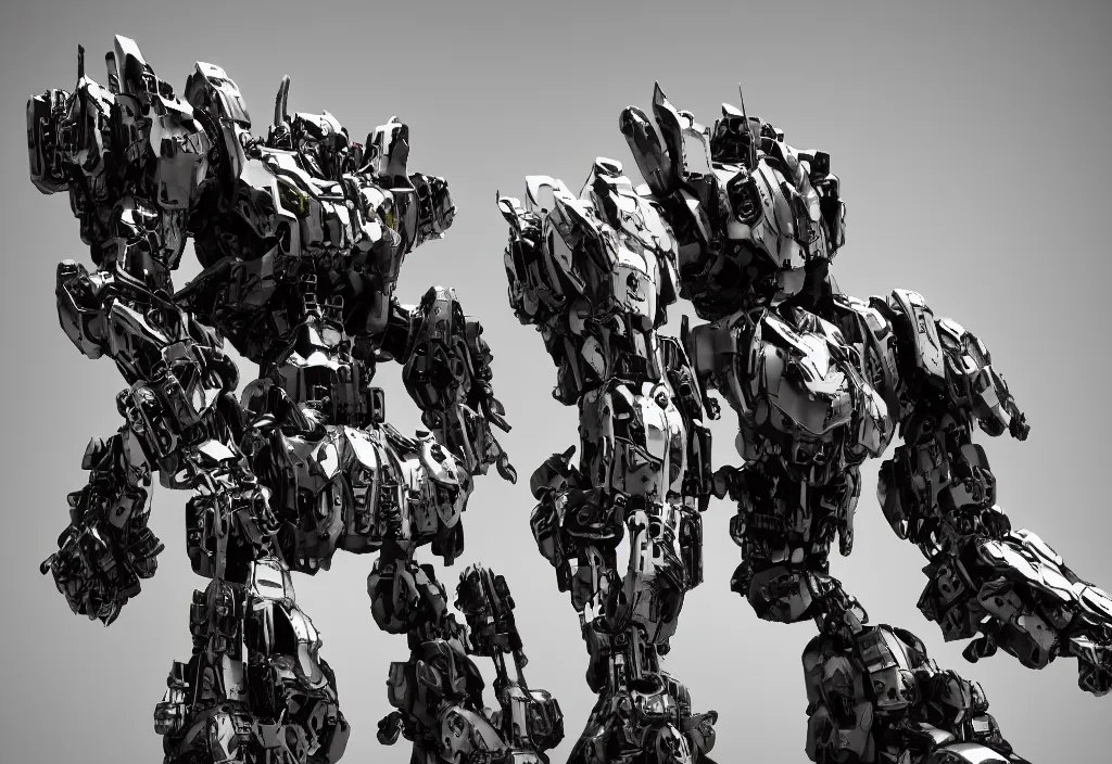 Image similar to giant mech, in the style of kow yokoyama, mecha, made of polychrome plaster stucco, covered in black shiny metallic paint, middle eastern details, cracked, chiaroscuro lighting, gyokugan, dirty, faceted style patterns, realistic, highly detailed, photography, high contrast, masterpiece, octane render,