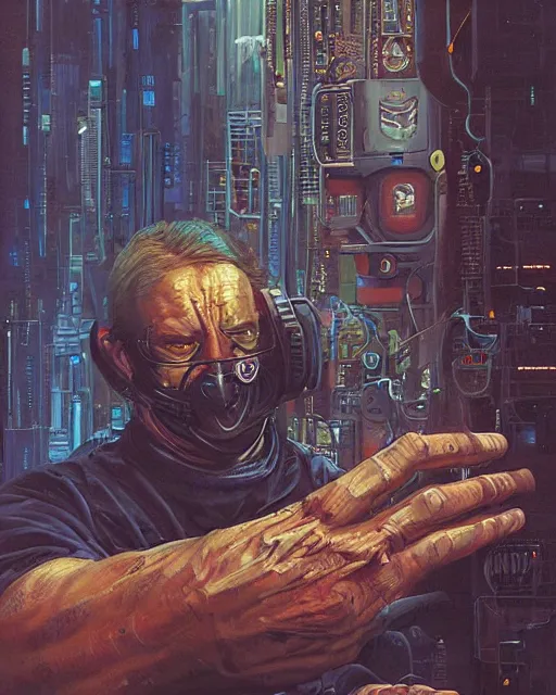 Prompt: a painting of a man holding a machine in his hands, cyberpunk art by les edwards and by michael whelan and by dan mumford, cgsociety, neoplasticism, lovecraftian, future tech, circuitry