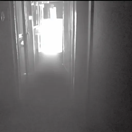 Prompt: hi - 8 night vision camera footage of a barely visible minotaur with red eyes in a dark hallway