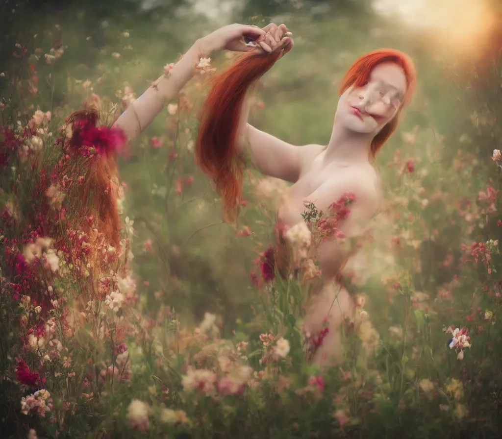 Prompt: Fine art photo of a beauty model, she is redhead, she is posing while maintain a sweet eye contact to the camera, she has a crown of flowers and she has flowers around her, the photo was taken at sunset; you can see a bokeh effect behind the model, the photo was taken by Annie Leibovitz, photorealistic, matte painting, hyper realistic, concept art, 4k, 8k, cinematic composition, cgsociety, HD, highly detailed, octane render, unreal engine 5, trending on artstation, shaders