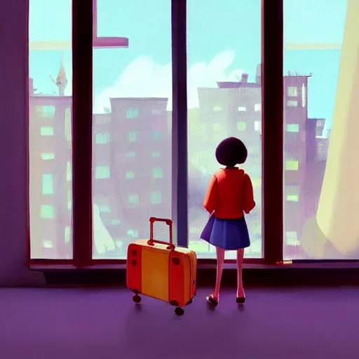 Image similar to goro fujita ilustration girl leaving home with suitcases, through the window you can see the city, warm light, painting by goro fujita, sharp focus, highly detailed, artstation