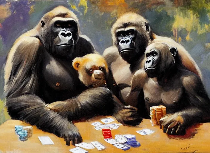 Image similar to a highly detailed beautiful portrait of a gorilla playing poker with a bear, by gregory manchess, james gurney, james jean