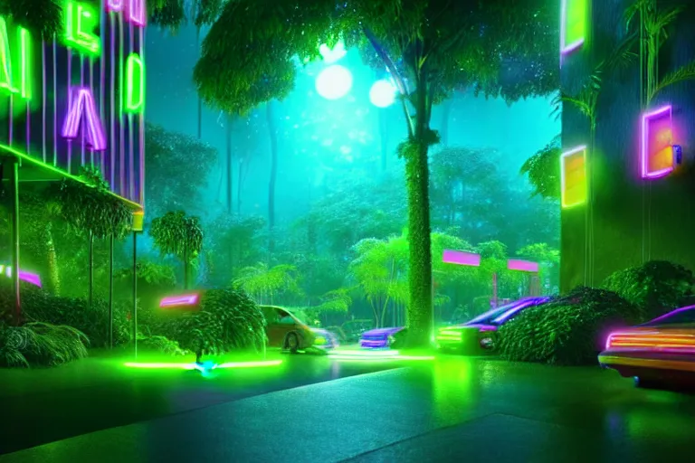 Image similar to neon rainforest, detailed render, hyperrealistic, cgsociety, artstation, 4k