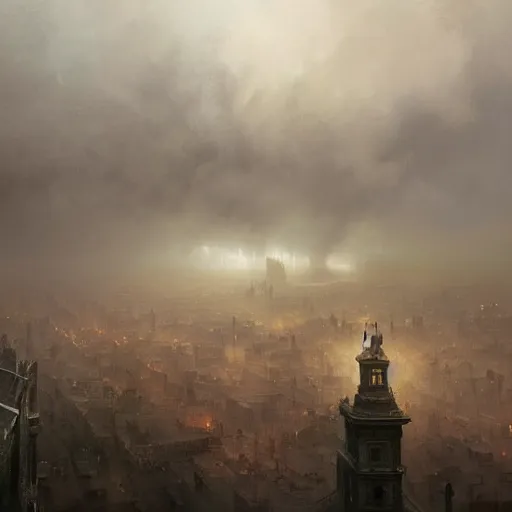 Image similar to Hyper detailed painting of a victorian city covered by dark fog, view from above, thunderstorm above, dark fantasy, by Greg Rutkowski