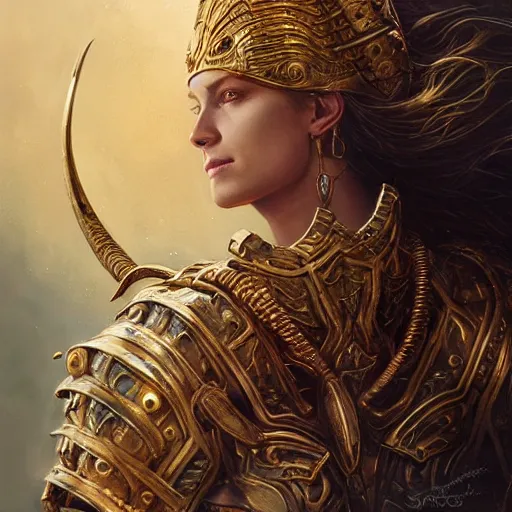 Prompt: portrait of a majestic fierce viking woman, highly detailed, gold plated armor, cinematic, 8 k, 1 0 8 0 s, by stanley artgermm, tom bagshaw, greg rutkowski, vincent di fate, carne griffiths, ayami kojima, trending on deviantart, hyper detailed, full of color, digital art,