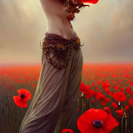 Image similar to unique non-conventional beautiful goddess of poppy, surreal, fantasy, intricate, elegant, dramatic lighting, emotionally evoking symbolic metaphor, highly detailed, lifelike, photorealistic, digital painting, painterly, artstation, concept art, smooth, sharp focus, illustration, art by John Collier and Krenz Cushart and Artem Demura and Alphonse Mucha and Albert Aublet