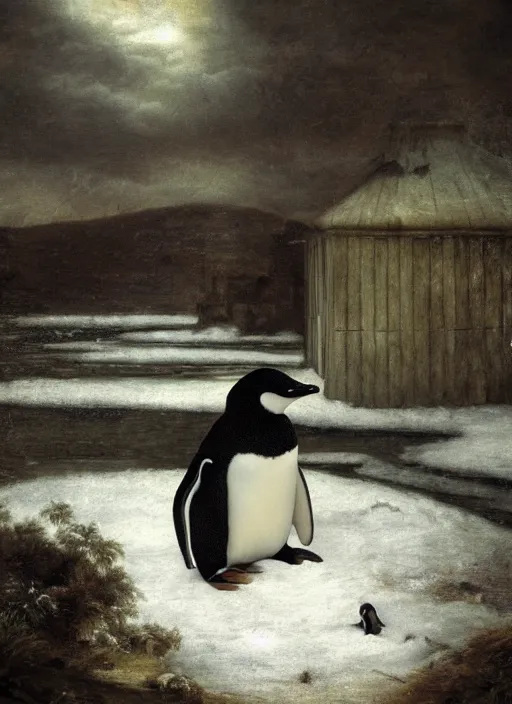 Prompt: penguin, in the style of the Dutch masters and Gregory Crewdson, dark and moody