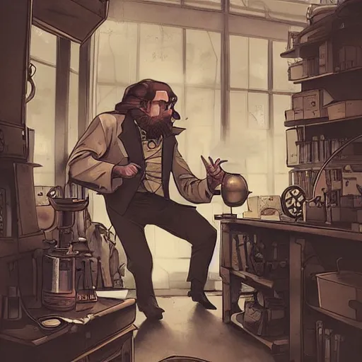 Prompt: muted colors, steampunk, comic book illustration, old victorian professor in his laboratory, detailed, cinematic lighting