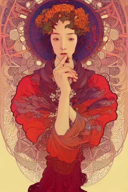 Image similar to a beautiful hyperdetailed character design 4 k wallpaper illustration of a huge reddish phoenix, victo ngai style, alfons mucha ， from china, style of studio ghibli, denoise, deblurring, artgerm, xision, james jean, ross tran, chinese style