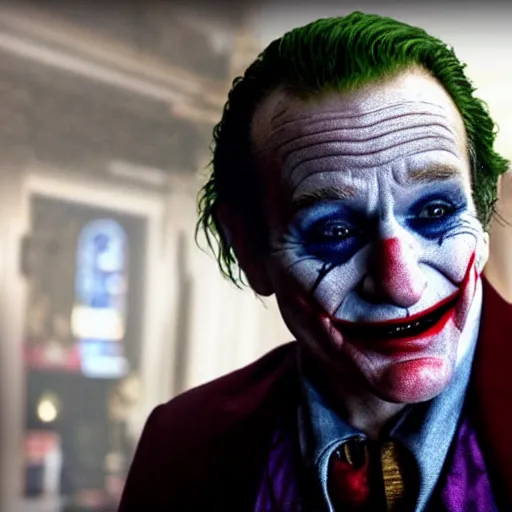 Image similar to stunning awe inspiring ( robin williams ) as the joker 8 k hdr movie still atmospheric lighting