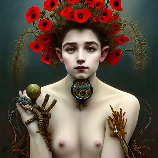 Image similar to young poppy queen, unique non conventional beauty, surreal, fantasy, intricate, elegant, dramatic lighting, emotionally evoking symbolic metaphor, highly detailed, lifelike, photorealistic, digital painting, artstation, concept art, smooth, sharp focus, illustration, art by Krenz Cushart and Artem Demura and Alphonse Mucha and Albert Aublet