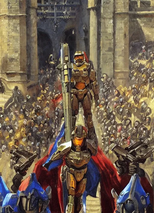 Image similar to halo master chief in a medieval royal procession by alexander averin