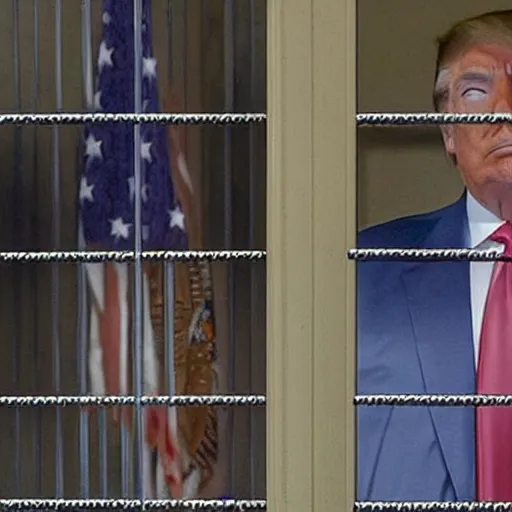 Image similar to donald trump behind bars in prison fatigues