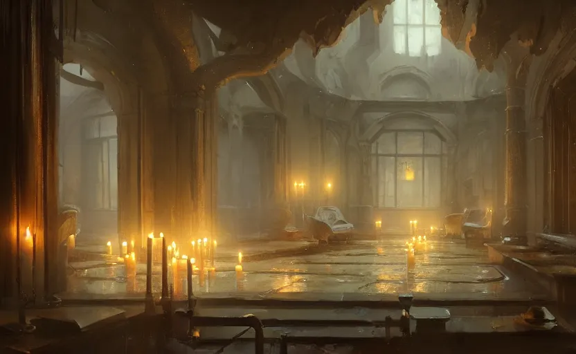 Prompt: painting of an interior of a bath house with candles, fantasy, concept art, by greg rutkowski and craig mullins, cozy atmospheric and cinematic lighting, trending on artstation