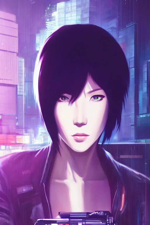 Image similar to a still fullbody portrait of motoko kusanagi ghost in the shell, finely detailed features, closeup at the faces, perfect art, at a cyberpunk city, gapmoe yandere grimdark, trending on pixiv fanbox, by ilya kuvshinov, rossdraws, artgerm