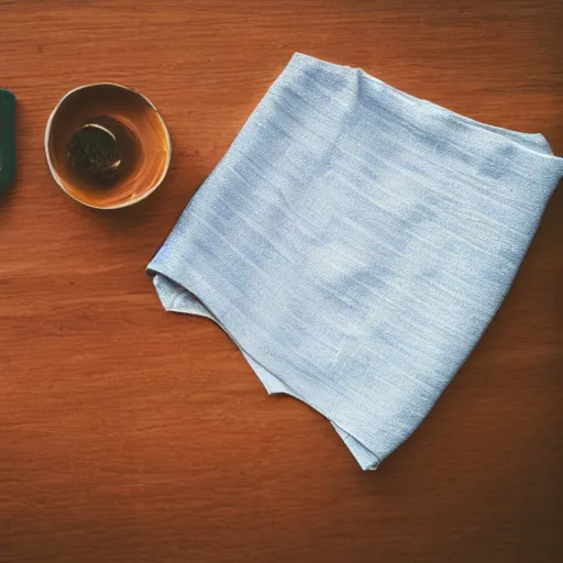 Image similar to a tea towel lying on a table, above view, photograph, 4 k