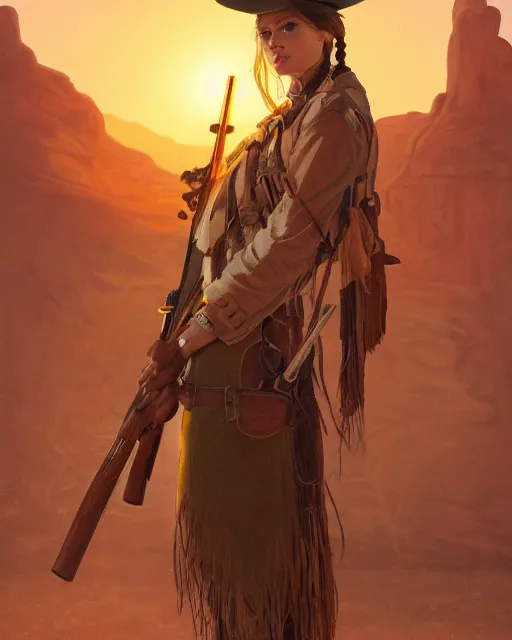 Image similar to the rifle, a gorgeous woman, a native American feather scarf, beige cowgirl hat, western jacket holding a Remington rifle and a bokeh western desert town background at sunset, highly detailed, concept art, hard light digital painting, artstation, concept art, sharp focus, illustration, inspired by greg rutkowski and Frederic Remington