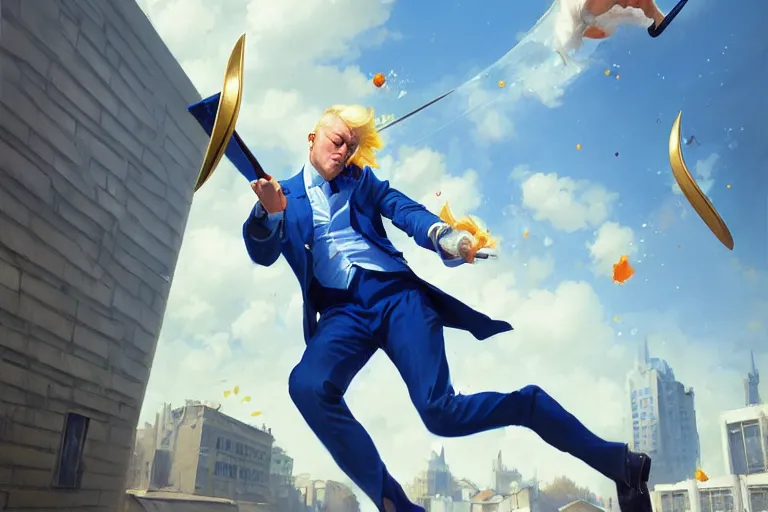 Prompt: a blond man in a blue suit hit by flying thrown swords, organic painting, sunny day, matte painting, bold shapes, hard edges, street art, trending on artstation, by huang guangjian, gil elvgren, ruan jia, randy vargas, greg rutkowski