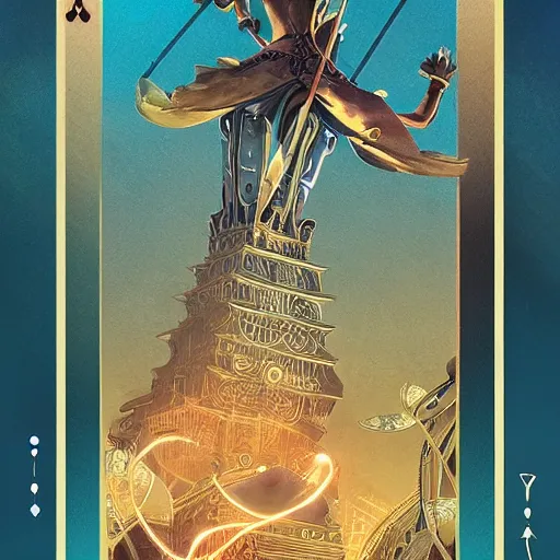 Image similar to tarot card style, lady luck on a tower, scales, sword, digital illustration, intricate, highly detailed, elegant, full color, cinematic lighting, octane render, hyper realism