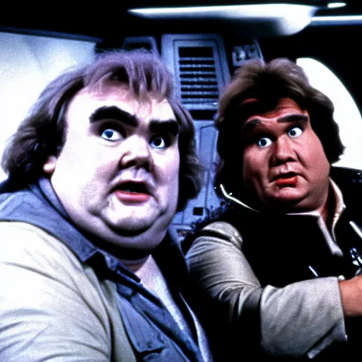 Image similar to John Candy dressed as Barf from Spaceballs sits next to Han Solo in the Millenium Falcon, movie still ftom Star Wars (1977)