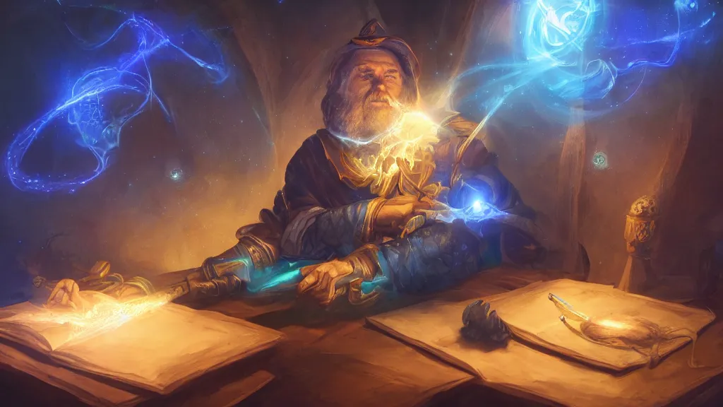 Prompt: A mage crafting a magical device on a desk. Magic, blue lighting, flux, gold astronomy. High fantasy, digital painting, HD, 4k, detailed.