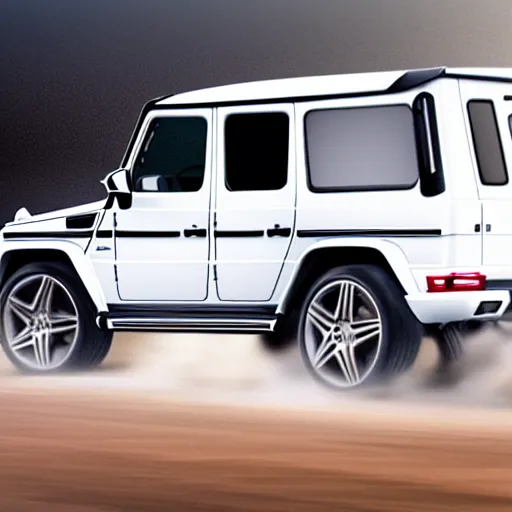 Prompt: White 2019 Mercedes G63, photorealistic, highly detailed, digital painting, artstation, concept art, smooth, sharp focus, illustration, art by John Baeder