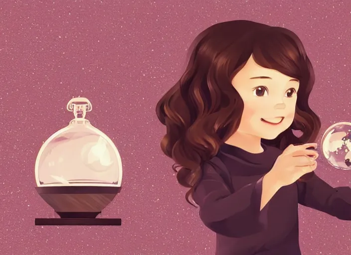 Prompt: little girl with short wavy curly light brown hair holding a snow globe. clean cel shaded vector art. shutterstock. behance hd by lois van baarle, artgerm, helen huang, by makoto shinkai and ilya kuvshinov, rossdraws, illustration, art by ilya kuvshinov