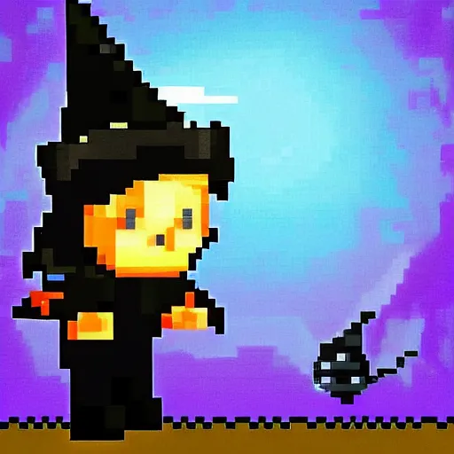 Image similar to The wizard in the black wizard hat looks like the pixel version of Marisa. 🦊👸🖤👺