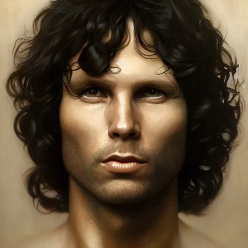 Image similar to portrait painting of jim morrison, ultra realistic, concept art, intricate details, eerie, highly detailed, photorealistic, octane render, 8 k, unreal engine. art by artgerm and greg rutkowski and alphonse mucha